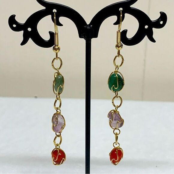Natural Stones Drop Dangle Earrings 3” Carnelian Amethyst Jade Vintage Gorgeous - Picture 1 of 5